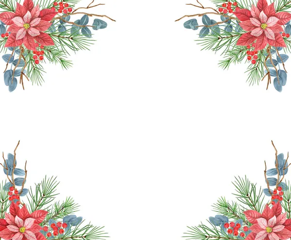 Noel çerçevesi, süslerle süslenmiş noktalı süs, yeşillik, ladin, çam ağacı dalı ve beyaz arka planda izole edilmiş kutsal böğürtlen. Yeni yıl tebrik kartı tasarımı.
