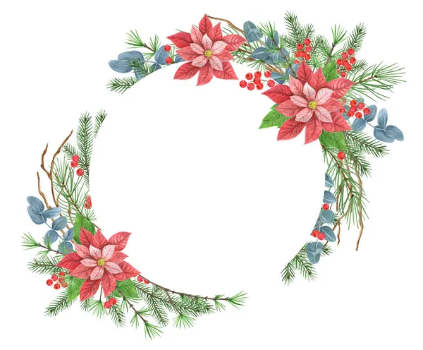 Christmas Wreath Decorative Poinsettia Greenery Spruce Pine Tree Twig Holly — Stock Photo, Image