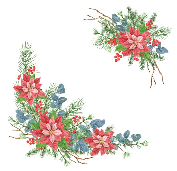 Clipart Cadre Noël Avec Poinsettia Verdure Épicéa Rameau Pin Baies — Photo