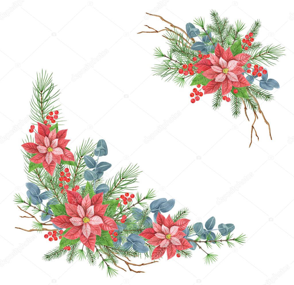 Christmas frame clipart with poinsettia, greenery, spruce, pine tree twig and holly berries. New Year design ornate decoration garland. Isolate on white background.