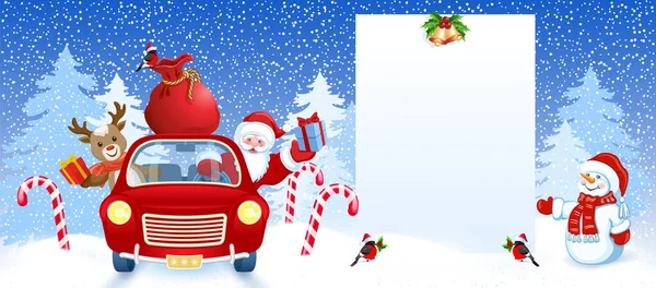 Santa Claus Cartoon Cerf Esprit Boîte Cadeau Voiture Rouge Rétro — Image vectorielle