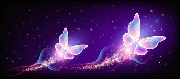 Flying Delightful Magical Butterflies Sparkle Blazing Trail Flying Night Sky — Stock Vector