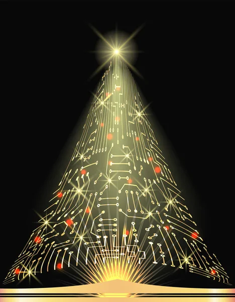 輝く星と輝く光沢のあるランプと電子回路からクリスマスツリー デジタル年賀状 — ストックベクタ