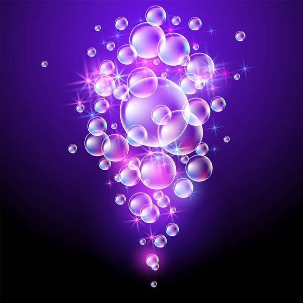 石鹸の泡と輝く星とおとぎ話の背景を光る 幻想的な魔法の組成物は 透明な虹色のボールとコピースペースで構成されています — ストックベクタ