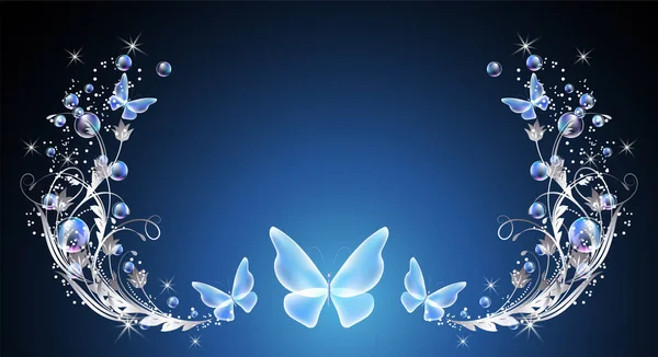 Glowing Fairytale Background Magical Blue Butterflies Bubbles Flowers Ornate Shiny — Stock Vector