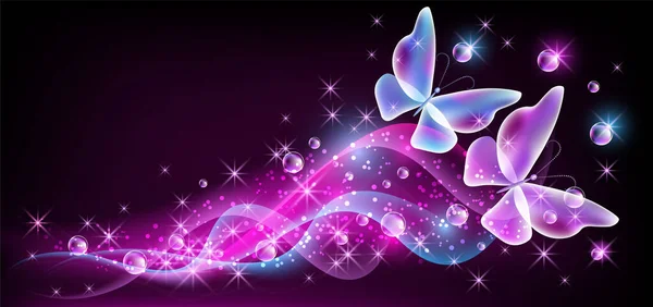 幻想的な飛行蝶 シャボン玉と黒紫色の背景に輝く星と魔法の曲線透明波 — ストックベクタ