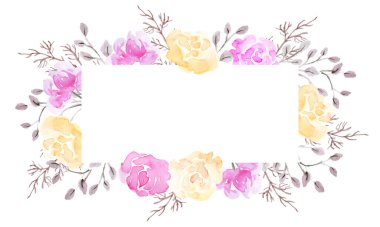 Beyaz arka planda izole edilmiş pembe ve sarı güllerin suluboya çerçevesi. Çiçek süsü. Tasarım ögesi.