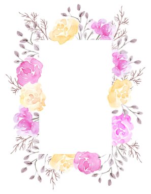 Beyaz arka planda izole edilmiş pembe ve sarı güllerden oluşan suluboya bir çerçeve. Çiçek süsü. Tebrik kartı için tasarım ögesi.