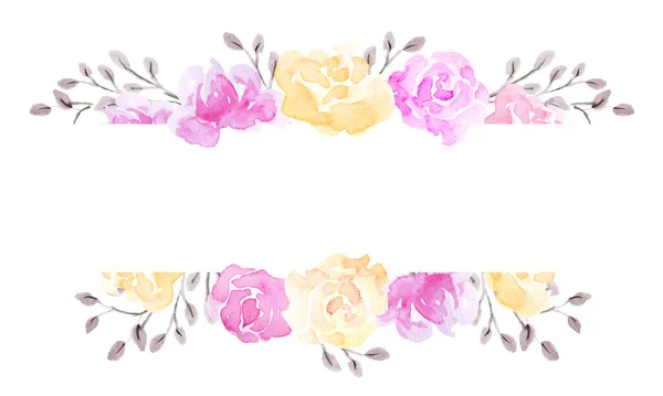 Watercolor Frame Pink Yellow Roses Flowers Isolated White Background Floral — Stock Photo, Image