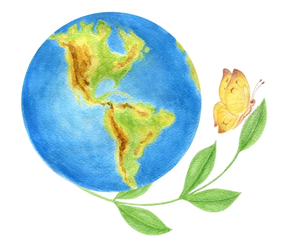 Earth Day Concept Met Planeet Vlinder Groene Tak Voor Banner — Stockfoto