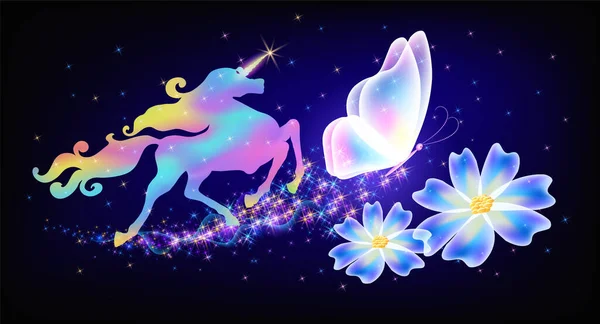 带着华丽卷曲的鬃毛 飞舞的蝴蝶 在幻想世界的背景下 闪烁着灿烂的星辰和神奇的花朵 飞舞着艳丽的独角兽 — 图库矢量图片