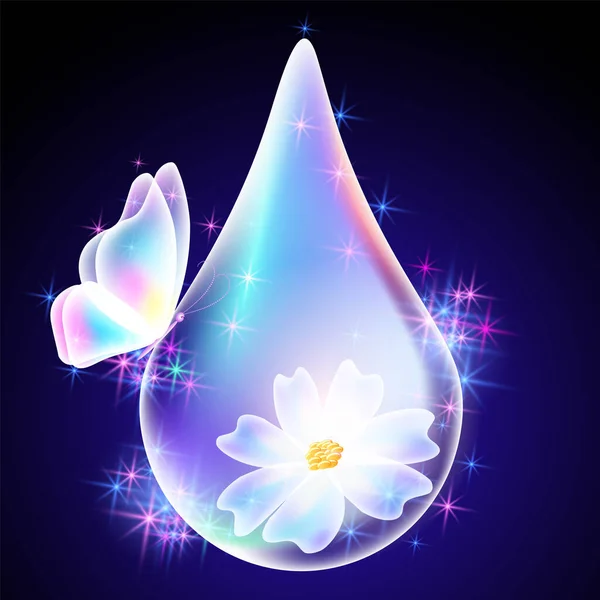 Glühender Wassertropfen Mit Schmetterling Blume Und Funkelnden Sternen Auf Dunkelblauem — Stockvektor