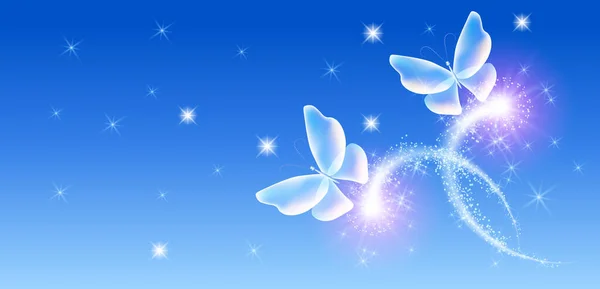 Flying Transparent Delightful Butterfly Sparkle Blazing Trail Flying Night Sky — Stock Vector