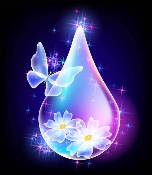 Gota Agua Brillante Con Mariposa Flores Brillantes Estrellas Brillantes Sobre — Archivo Imágenes Vectoriales