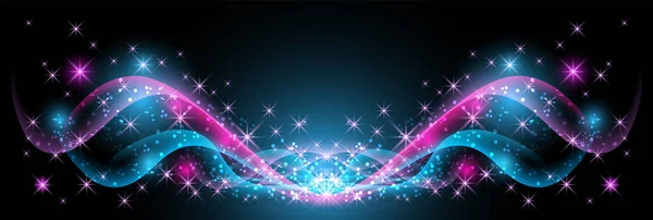 Фантастический Баннер Фантастические Прозрачные Кривые Волны Волшебные Светящиеся Звезды Черном — стоковый вектор