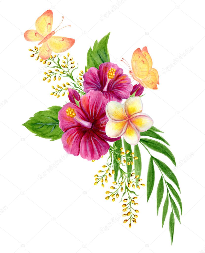 Tropical bouquet. Hand drawn watercolor painting with pink Chinese Hibiscus rose flowers and butterflies isolated on white background. Floral summer composition. Design element.