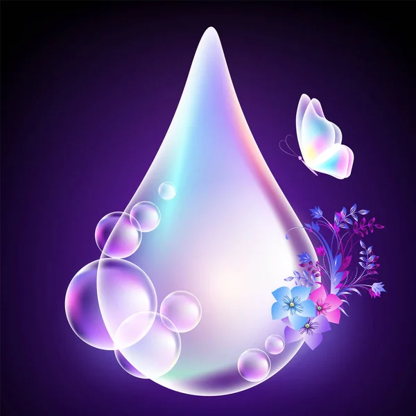 Gota Agua Brillante Con Mariposa Flores Brillantes Estrellas Brillantes Sobre — Vector de stock