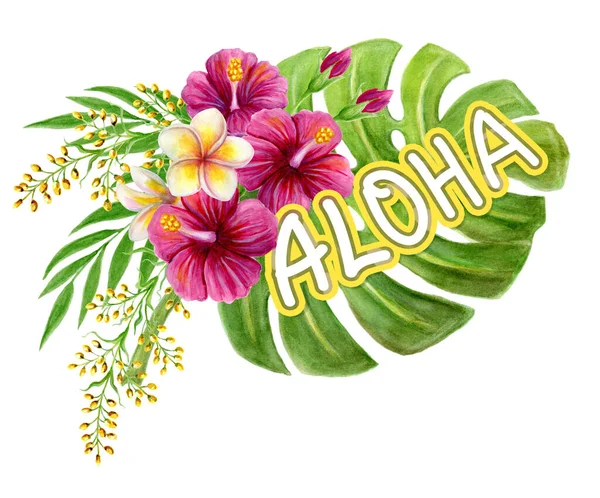 Bouquet Tropicale Saluto Aloha Hawaii Pittura Acquerello Disegnato Mano Con — Foto Stock