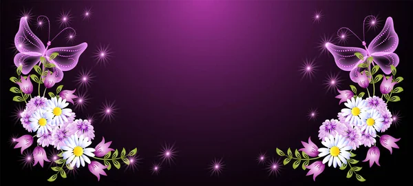 Прозорий Літаючий Прозорий Чудовий Метелик Фантастичні Квіти Іскрою Палаючими Зірками — стоковий вектор