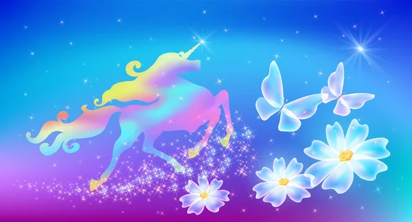 Galloping Iridescente Unicorno Con Lussuosa Criniera Tortuosa Farfalle Fiori Trasparenti — Vettoriale Stock