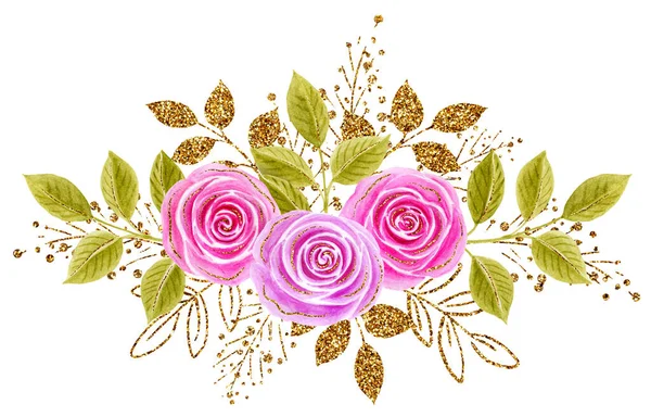 玫瑰花束 手绘水彩画 粉红色和黄色玫瑰 金色和闪闪发光的叶子隔离在白色的背景 花环装饰 贺卡的设计要素 — 图库照片