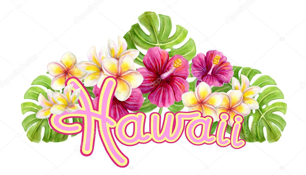 Hawaii art decor. Hand drawn hawaiian watercolor painting with pink Hibiscus rose frangipani flowers and palm leaf isolated on white background. Tropical floral summer ornament. Design element.