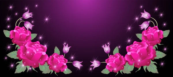 Fantasy Fabulous Pink Roses Flowers Bluebells Sparkle Blazing Stars Celebration — Stock Vector