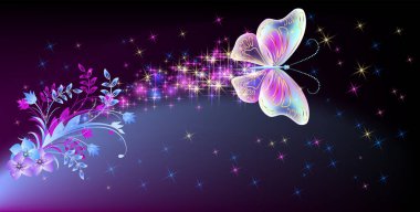 Magic butterfly with fantasy sparkle and blazing trail and glowing stars on night sky background