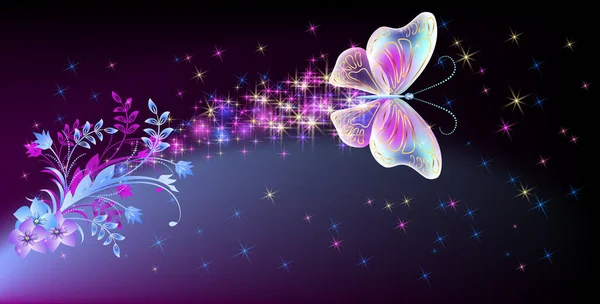 Magic Butterfly Fantasy Sparkle Blazing Trail Glowing Stars Night Sky — Stockvektor