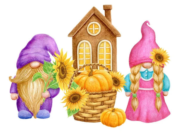 Gnomes with pumpkin and sunflowers in basket on background of country house. Thanksgiving or Harvest Day card design. Watercolor drawing.