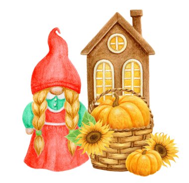 Girl gnome with pumpkin and sunflowers in basket on background of country house. Thanksgiving or Harvest Day card design. Watercolor drawing. Greeting card.