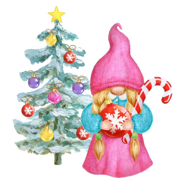 Watercolor Cute Girl Gnome Snowy Christmas Tree Little Gnome Funny — Stock Photo, Image