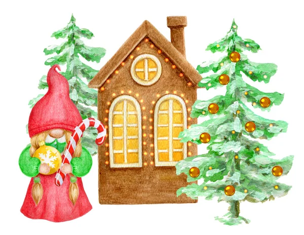 Akvarel Roztomilý Skřet Dívka Vánoční Strom Pozadí Slavnostní Dům Malý — Stock fotografie