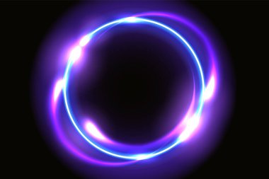 Neon yuvarlak çerçeve. Başka bir boyuta ışıldayan daire ve parlak uzay portalıyla soyut fantastik arkaplan