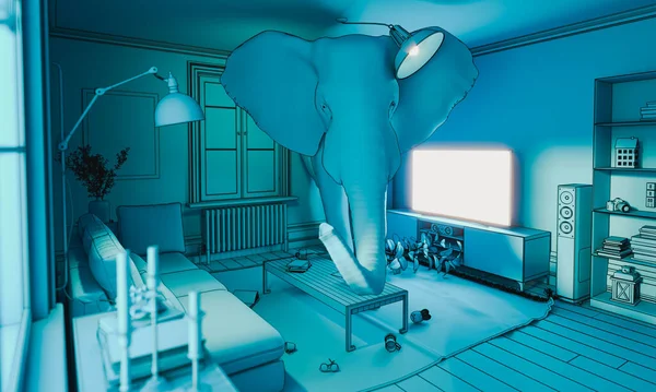 大象在房子里 隐藏问题的概念 3D渲染 — 图库照片