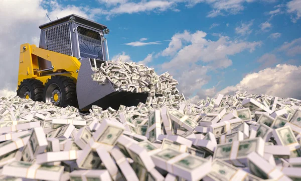 Žlutý Buldozer Prodírá Hromadami Dolarů Vykreslení Koncepce Bohatství — Stock fotografie