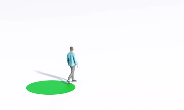 Людина Виходить Зеленого Кола Білий Підлогу Виходить Зони Томофор Модель — стокове фото