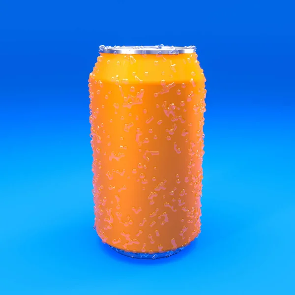 Πορτοκαλί Μεταλλικό Δοχείο Για Ποτό Σταγόνες Συμπύκνωσης Μπλε Φόντο Καθιστούν — Φωτογραφία Αρχείου