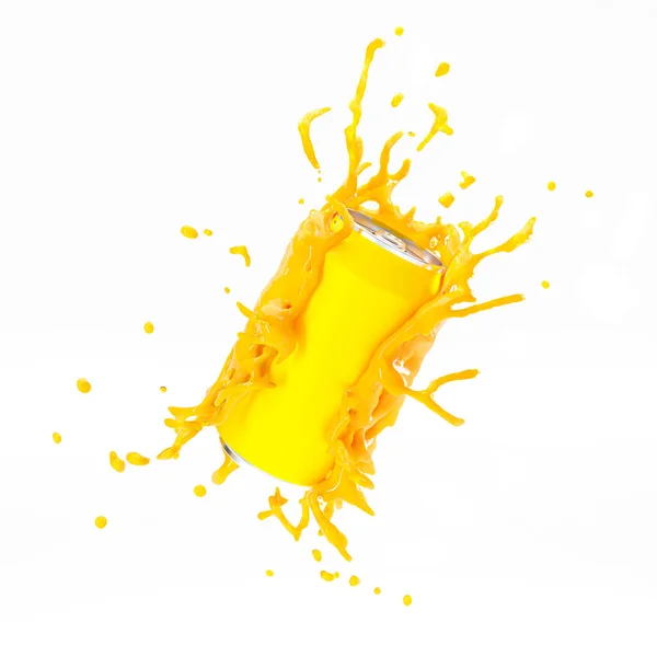 오렌지 스플래시 액이든 노란색 캔입니다 — 스톡 사진