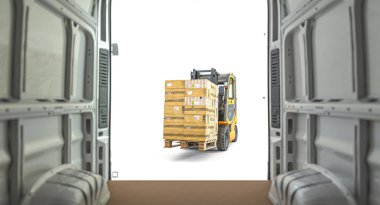 Forklift bir paleti bir nakliye aracına yüklüyor. İçeriden bak. 3d hazırlayıcı