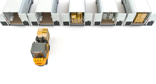フォークリフトで積み込まれるのを待っているバンの列 輸送の概念 3Dレンダリング — ストック写真