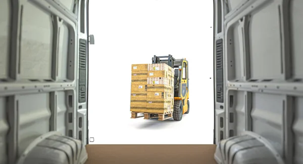 フォークリフトはパレットを輸送バンに積み込みます 内側からの眺め 3Dレンダリング — ストック写真