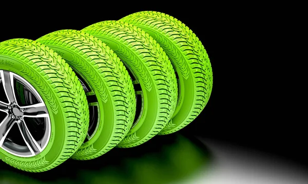Ökologische Grüne Reifen Auf Dunklem Hintergrund Darstellung — Stockfoto