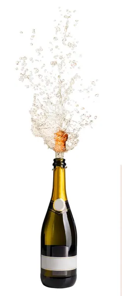 Flaska Champagne Med Poppar Kork Och Spraya Vit — Stockfoto