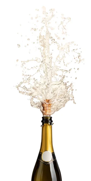 Fles Champagne Ontkurkt Met Spatten Kurk Beweging Geïsoleerd Wit Viering — Stockfoto