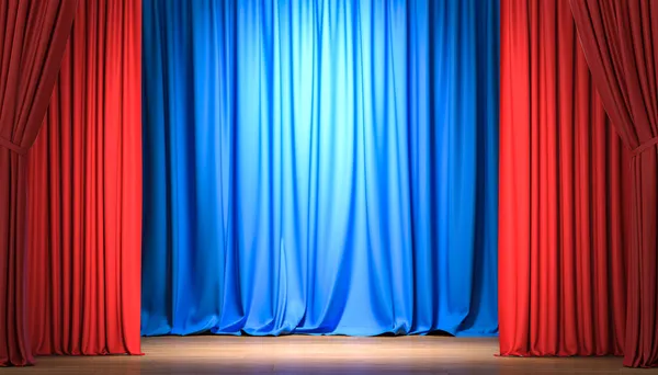 Blaue Und Rote Vorhänge Mit Holzboden Niemand Darstellung — Stockfoto