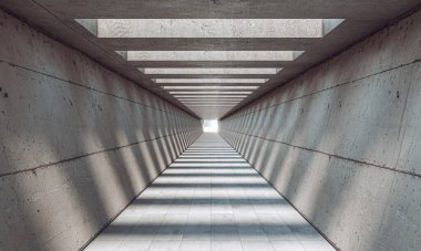 Tavanında delikler olan modern beton bir tünel. 3 boyutlu görüntüleme. Kimse.