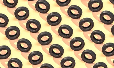 Pembe arka planda lastikleri olan düz bir arka plan. 3d hazırlayıcı