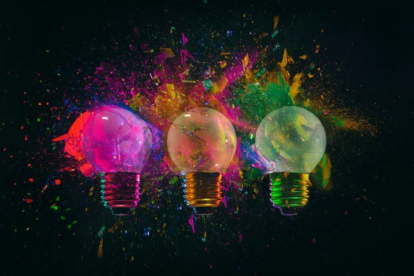 Explosion Colored Light Bulbs Black — Stock Photo, Image