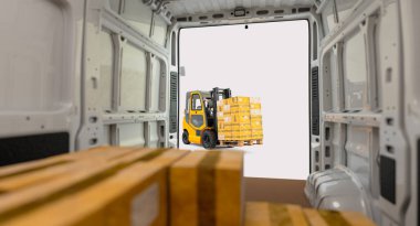 Forklift paketleri bir minibüse yükler, içeriden görüntüler. 3d hazırlayıcı